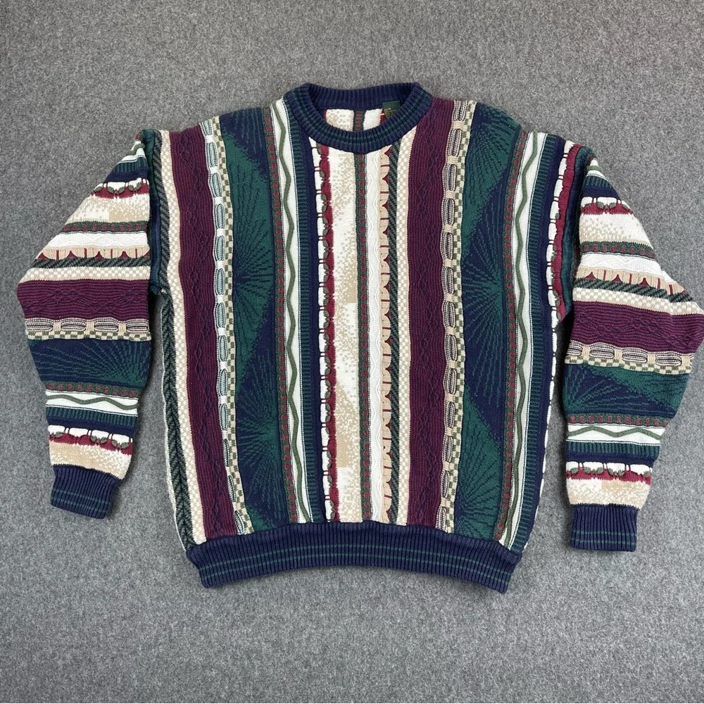 Vtg Cotton Traders 3D Knit Sweater Mens Medium Chunky Cable Coogi Style Cosby